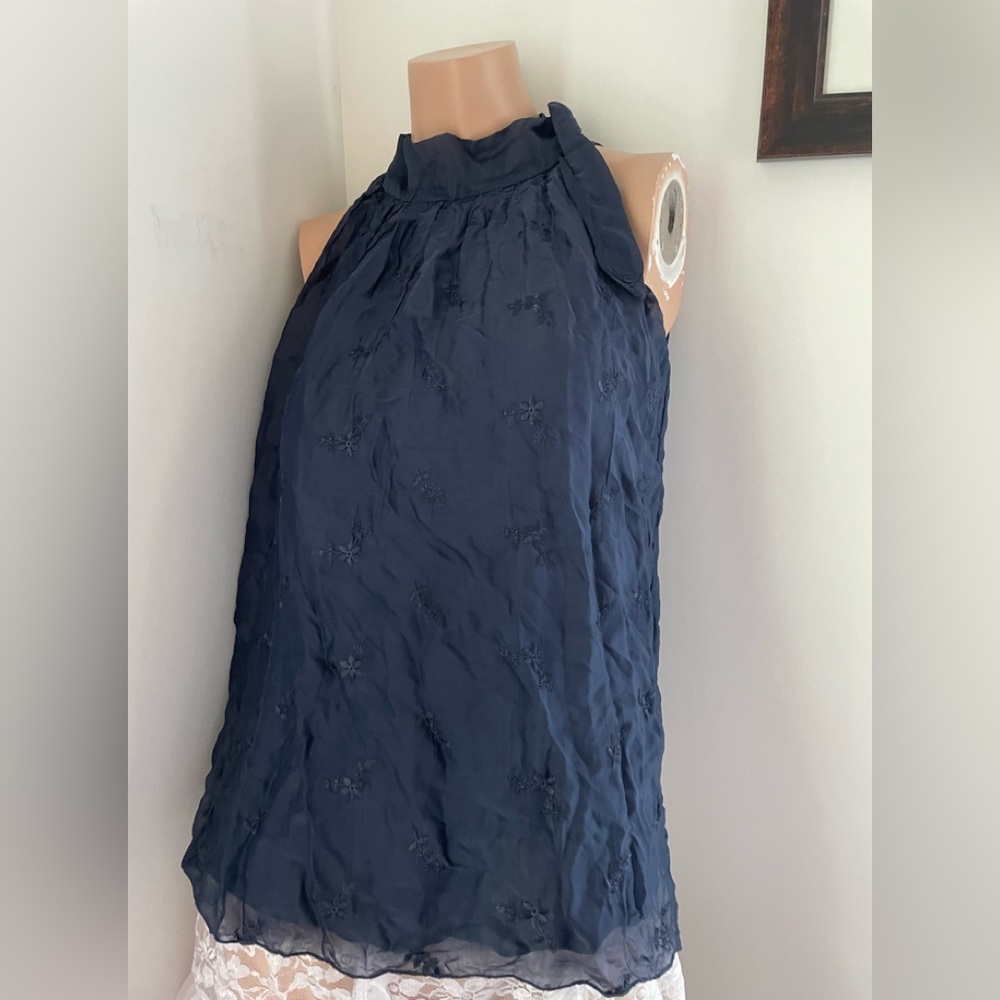 20” PTP 🌷 silk 🌷 M blue halter tank tie neck summer top